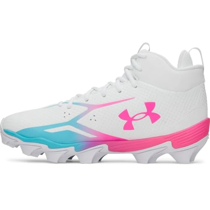 Under Armour Men's Spotlight Hammer Football Cleats, (101) White/Fresco Blue/Pink Rave, 12.5, US by Under Armour - Used - Very Good condition - US$48.86