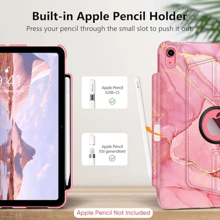 Fintie Rotating Case for iPad 10th Generation 10.9 Inch Tablet (2022 Model) with Pencil Holder - 360 Degree Rotating Protective Stand Cover with Auto Sleep/Wake, Marble Pink by FINTIE - Image 5