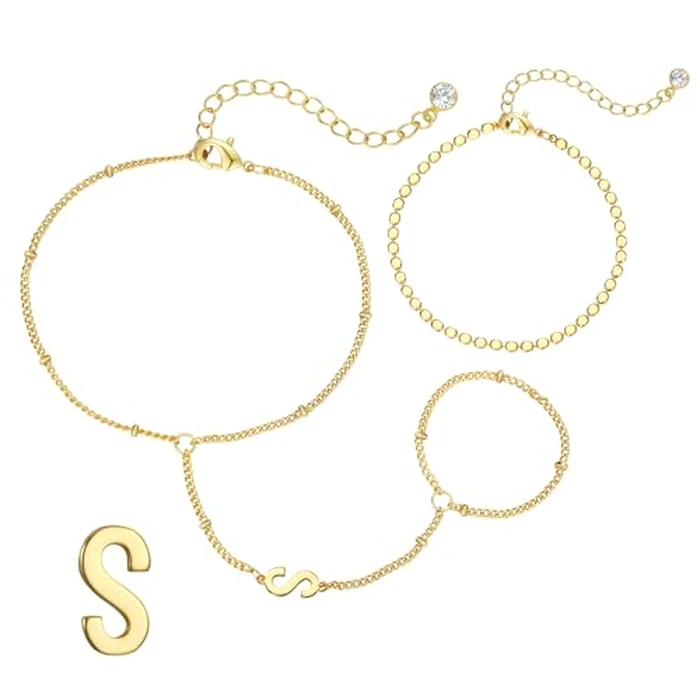Ascona Initial Hand Chain Bracelet for Women-14K Gold Plated Ring Bracelet Hand Chain for Women Trendy,Dainty Letter A-Z Link Charm Stack Bracelets Set Jewelry Gifts by Ascona - Image 1