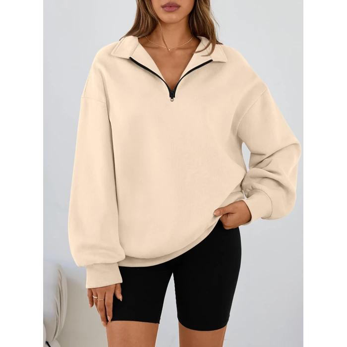 Trendy Queen Women's Oversized Half Zip Fleece Sweatshirts-Cozy Pullover, Drop Shoulder for Fall Winter Apricot L by Trendy Queen - Image 1