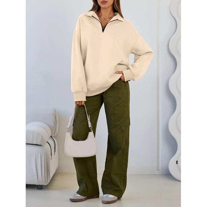 Trendy Queen Women's Oversized Half Zip Fleece Sweatshirts-Cozy Pullover, Drop Shoulder for Fall Winter Apricot L by Trendy Queen - Image 5