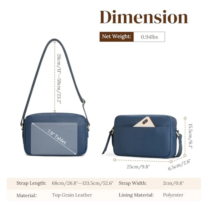 S-ZONE Crossbody Bags for Women Top Grain Leather Shoulder Handbags Camera Bag Purse Adjustable Strap Travel Daily Dark Blue by S-ZONE - Image 4