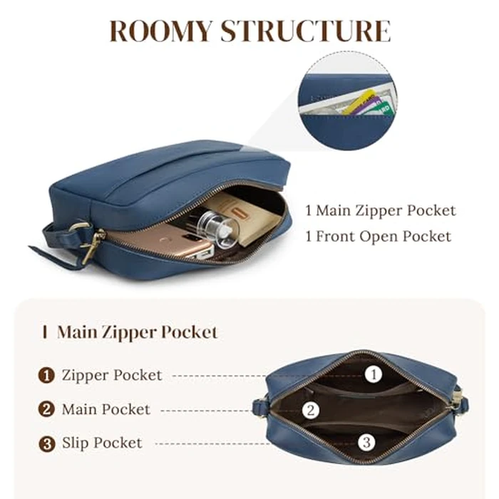 S-ZONE Crossbody Bags for Women Top Grain Leather Shoulder Handbags Camera Bag Purse Adjustable Strap Travel Daily Dark Blue by S-ZONE - Image 5