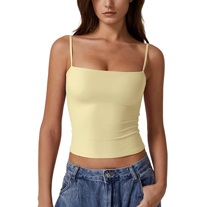 QINSEN Women's Square Neck Camisole Tank Top Adjustable Spaghetti Straps Sleeveless Basic Cami Shirts Light Yellow S by QINSEN - Used - Like New condition - US$18.99