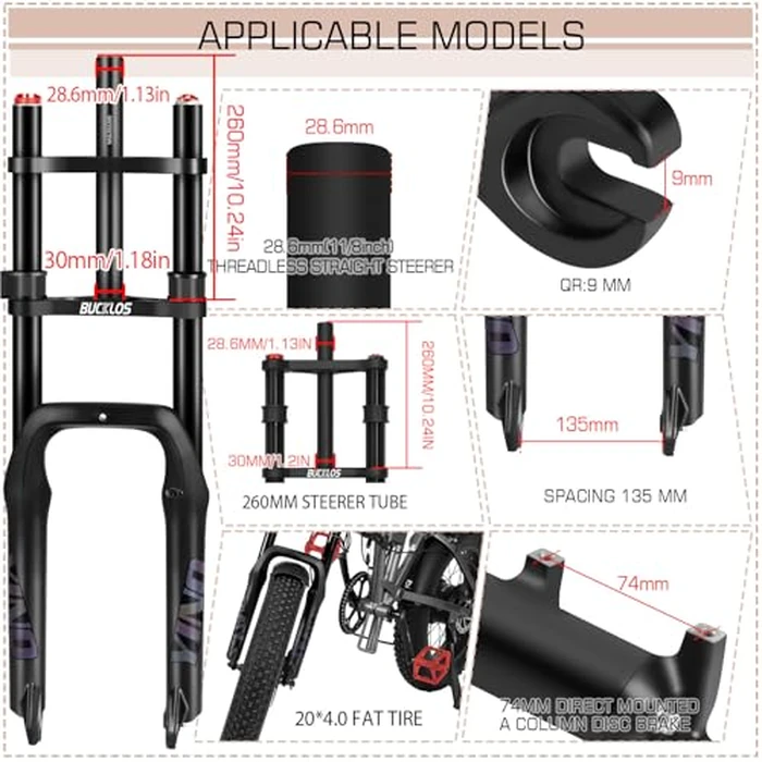BUCKLOS 20 inch 4.0 Fat Tire E-Bike Air Suspension Fork, 180mm Travel Spacing Hub 135mm Straight Tube MTB Manual Lockout 9mm QR Mountain Bike Double Shoulder Electric Bicycle Front Forks Snow Beach by BUCKLOS - Image 2