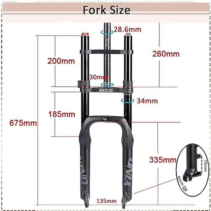 BUCKLOS 20 inch 4.0 Fat Tire E-Bike Air Suspension Fork, 180mm Travel Spacing Hub 135mm Straight Tube MTB Manual Lockout 9mm QR Mountain Bike Double Shoulder Electric Bicycle Front Forks Snow Beach by BUCKLOS - Image 4