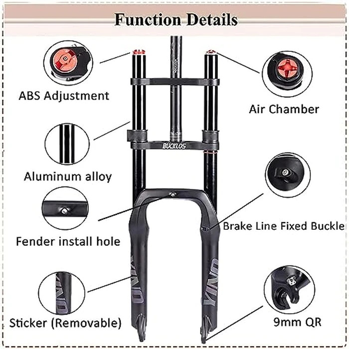 BUCKLOS 20 inch 4.0 Fat Tire E-Bike Air Suspension Fork, 180mm Travel Spacing Hub 135mm Straight Tube MTB Manual Lockout 9mm QR Mountain Bike Double Shoulder Electric Bicycle Front Forks Snow Beach by BUCKLOS - Image 5
