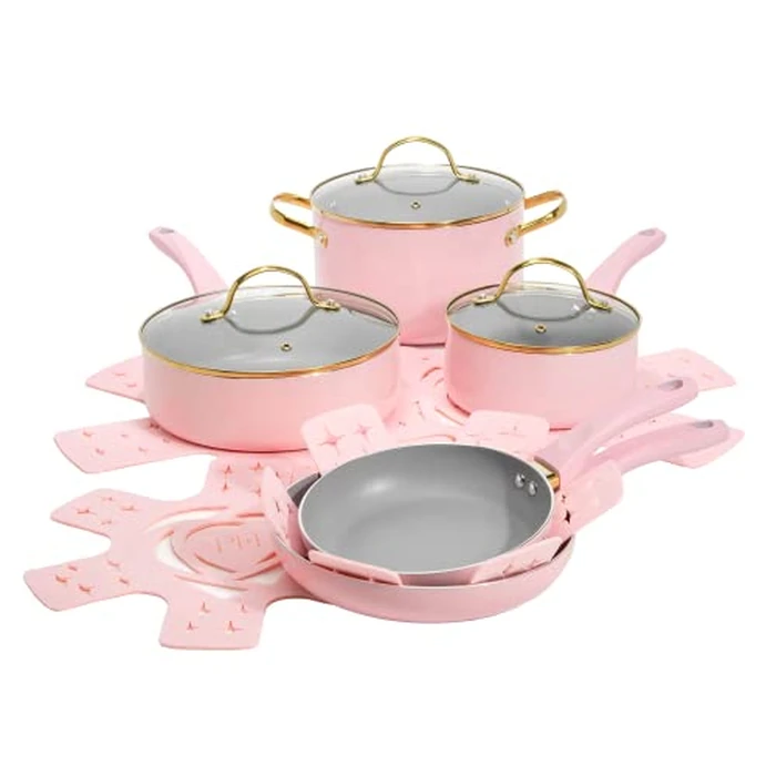 Paris Hilton Epic Nonstick Pots and Pans Set, Multi-layer Nonstick Coating, Tempered Glass Lids, Soft Touch, Stay Cool Handles, Made without PFOA, Dishwasher Safe Cookware Set, 12-Piece, Pink by Paris Hilton - Used - Like New condition - US$77.34