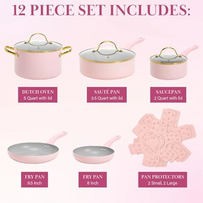 Paris Hilton Epic Nonstick Pots and Pans Set, Multi-layer Nonstick Coating, Tempered Glass Lids, Soft Touch, Stay Cool Handles, Made without PFOA, Dishwasher Safe Cookware Set, 12-Piece, Pink by Paris Hilton - Image 4