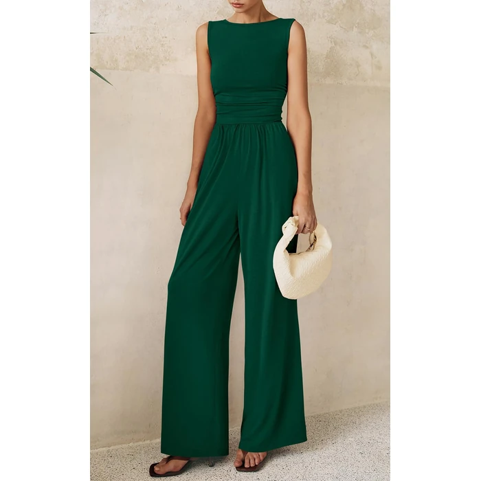 PRETTYGARDEN One Piece Jumpsuits for Women Dressy Casual Sleeveless Crewneck Wide Leg Rompers Jumpers 2026 Vacation Summer Outfits(Dark Green, L) by PRETTYGARDEN - Image 4