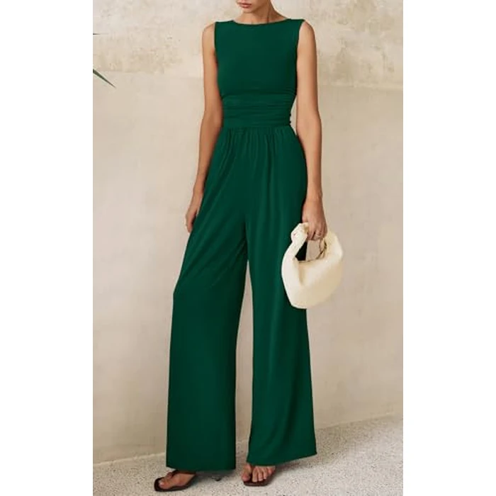 PRETTYGARDEN One Piece Jumpsuits for Women Dressy Casual Sleeveless Crewneck Wide Leg Rompers Jumpers 2026 Vacation Summer Outfits(Dark Green, L) by PRETTYGARDEN - Image 5