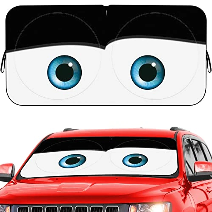 Car Windshield Sun Shade, Funny Eyes Sun Visor for Car Windshield, Wear-Resistant Black Tape, Foldable 59‘’x27.5‘’/63''x31.5'' by eygeufg - Used - Very Good condition - US$7.56