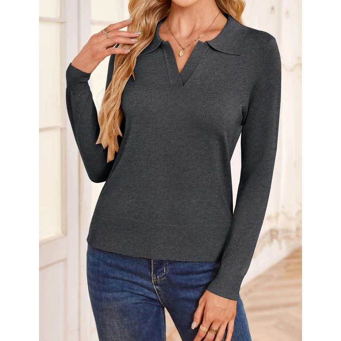 Kate Kasin Fall Pullover Sweaters for Women, Long Sleeve Polo Shirts, V Neck Wool Sweater Tops 2026 Gray S by Kate Kasin - Used - Like New condition - US$26.13