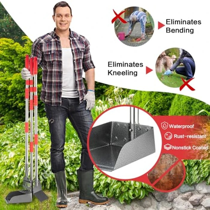 FUSBUNTY Pooper Scooper, Long Handle Dog Pooper Scooper, Heavy Duty Stainless Steel Rake with Tray & Spade Set for Pet Waste Removal, for Grass, Dirt or Gravel by FUSBUNTY - Image 3