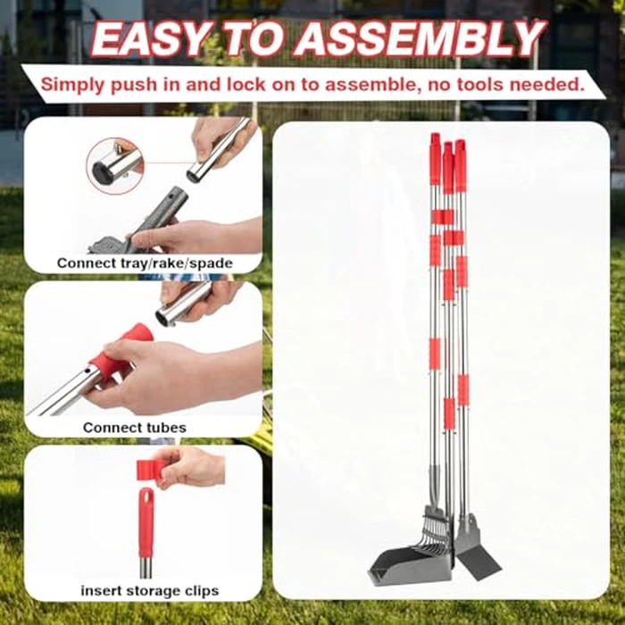 FUSBUNTY Pooper Scooper, Long Handle Dog Pooper Scooper, Heavy Duty Stainless Steel Rake with Tray & Spade Set for Pet Waste Removal, for Grass, Dirt or Gravel by FUSBUNTY - Image 5