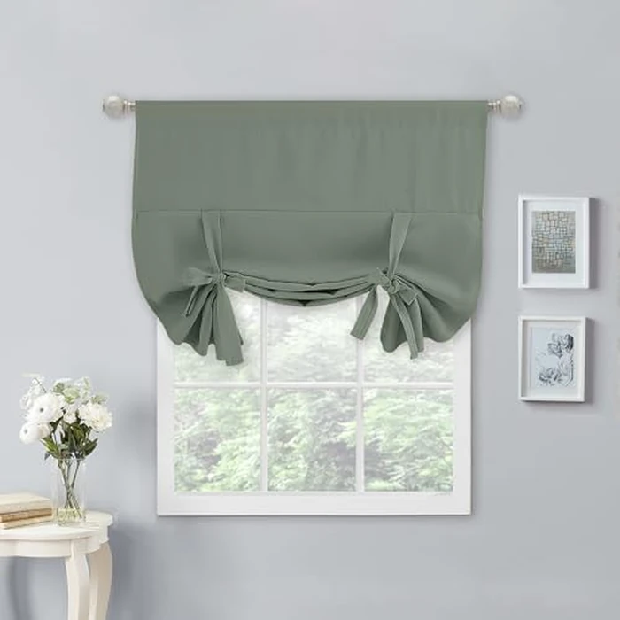NICETOWN Tie Up Valance Curtains for Window Adjustable Valance 54 Inch Long Farmhouse Window Treatment for Kitchen Living Room Light Filtering Rod Pocket, 1 Panel, Greyish Green, 40W x 54L by NICETOWN - Used - Like New condition - CA$30.31