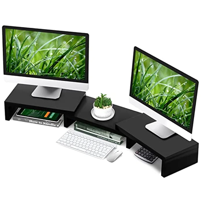 TAVR Dual Monitor Stand Riser Office Desktop Organizer Stand for 2 Monitors, Adjustable Length and Angle 3 Shelf, Extra Long Multifunctional Wooden Stand up to 43.3" fit Computer, Laptop, TV, Black by TAVR Furniture - Used - Very Good condition - US$21.34