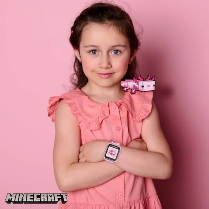 Minecraft Kids Smartwatch - Pink Axolotl Design, 10 Watch Faces, Step Counter, Selfie Camera, Calculator, Games, Voice Recorder, Alarm & Timer, Printed Silicone Straps - Fits Wrists 5.5"-8.0" by Accutime - Image 1
