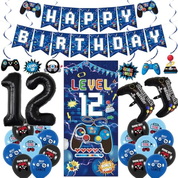 Vlipoeasn Blue 12th Birthday Decorations for Boys, Video Game Level 12 Banner Backdrop Hanging Swirls for 12th Birthday Party, Gamer 12 Years Old Party Supplies by Vlipoeasn - Image 1