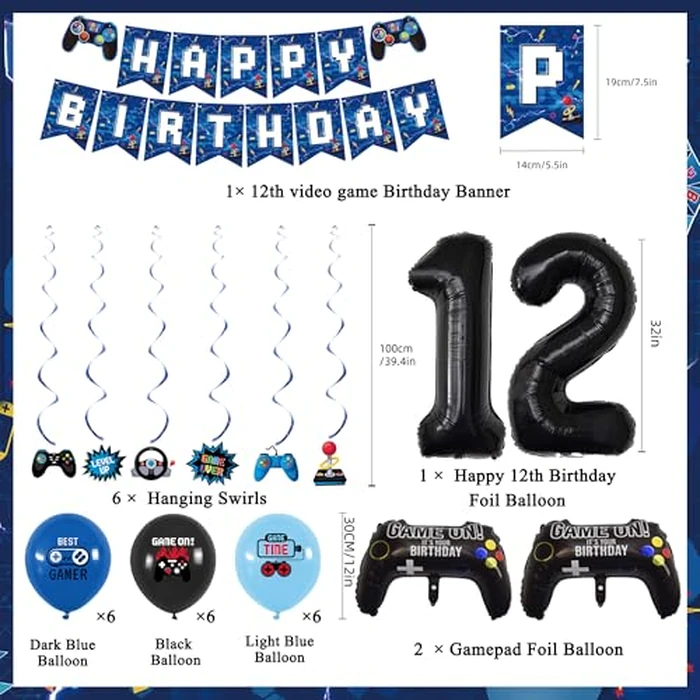 Vlipoeasn Blue 12th Birthday Decorations for Boys, Video Game Level 12 Banner Backdrop Hanging Swirls for 12th Birthday Party, Gamer 12 Years Old Party Supplies by Vlipoeasn - Image 2