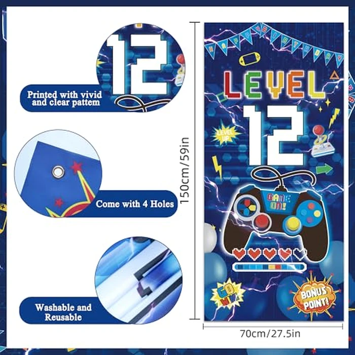 Vlipoeasn Blue 12th Birthday Decorations for Boys, Video Game Level 12 Banner Backdrop Hanging Swirls for 12th Birthday Party, Gamer 12 Years Old Party Supplies by Vlipoeasn - Image 3