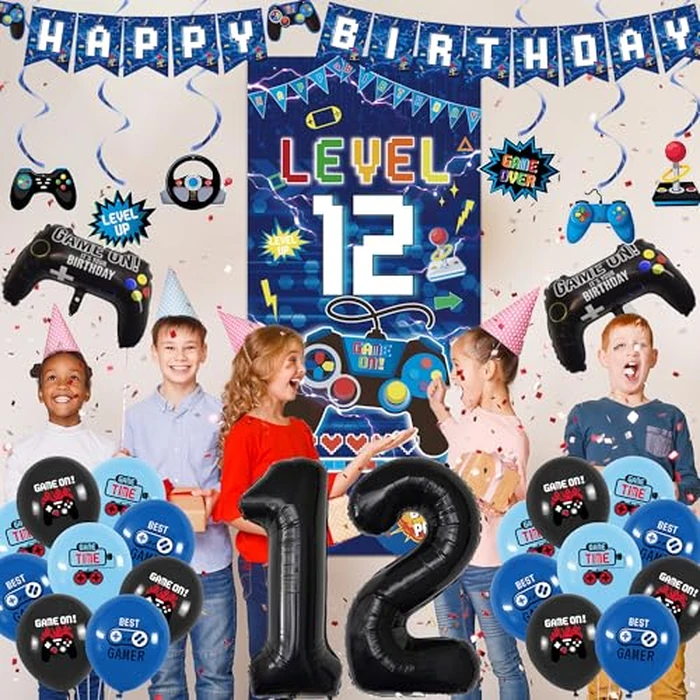 Vlipoeasn Blue 12th Birthday Decorations for Boys, Video Game Level 12 Banner Backdrop Hanging Swirls for 12th Birthday Party, Gamer 12 Years Old Party Supplies by Vlipoeasn - Image 7
