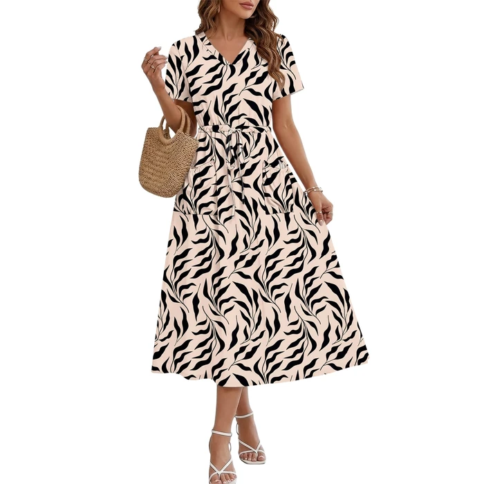 MOLERANI Women Summer Maxi Dress Casual Drawstring Long Dresses A-Line Dress with Pockets, Apricot Black Leaf, S by MOLERANI - Image 1