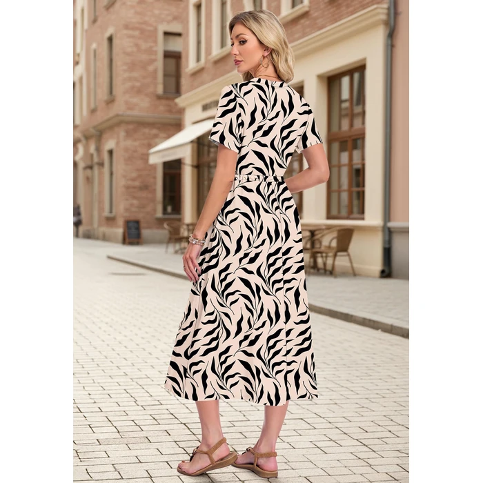 MOLERANI Women Summer Maxi Dress Casual Drawstring Long Dresses A-Line Dress with Pockets, Apricot Black Leaf, S by MOLERANI - Image 3