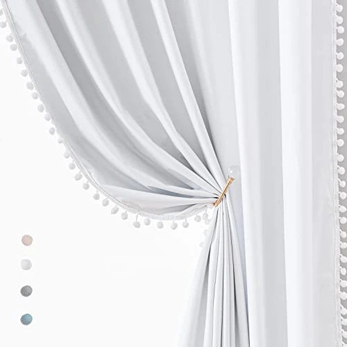 White Blackout Curtains for Living Room 95 inch Energy Saving Window Curtains Pom Pom Thermal Curtains Triple Weave Nursery Girl's Room Curtains 52" W Rod Pocket 1 Pair by Treatmentex - Used - Very Good condition