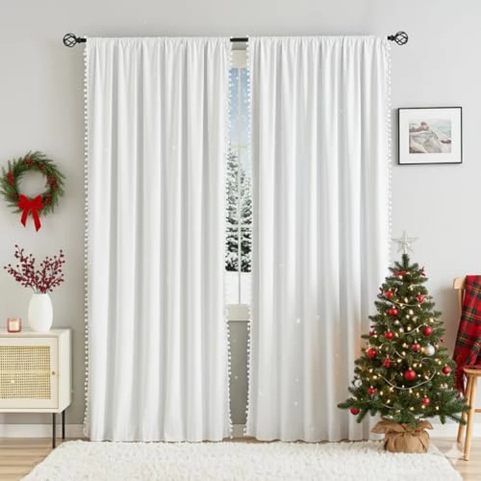 White Blackout Curtains for Living Room 95 inch Energy Saving Window Curtains Pom Pom Thermal Curtains Triple Weave Nursery Girl's Room Curtains 52" W Rod Pocket 1 Pair by Treatmentex - Image 2