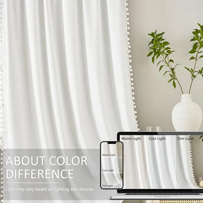 White Blackout Curtains for Living Room 95 inch Energy Saving Window Curtains Pom Pom Thermal Curtains Triple Weave Nursery Girl's Room Curtains 52" W Rod Pocket 1 Pair by Treatmentex - Image 3
