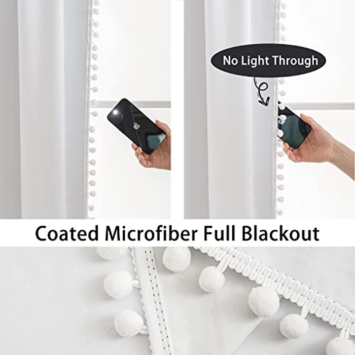 White Blackout Curtains for Living Room 95 inch Energy Saving Window Curtains Pom Pom Thermal Curtains Triple Weave Nursery Girl's Room Curtains 52" W Rod Pocket 1 Pair by Treatmentex - Image 6