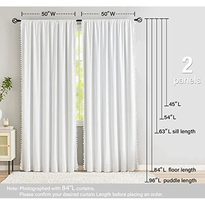 White Blackout Curtains for Living Room 95 inch Energy Saving Window Curtains Pom Pom Thermal Curtains Triple Weave Nursery Girl's Room Curtains 52" W Rod Pocket 1 Pair by Treatmentex - Image 7