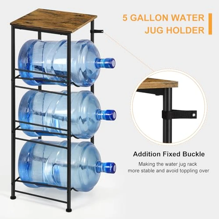 5 Gallon Water Bottle Jug Holder 3-Tier Water Bottle Holder Organizer with Top Shelf, Heavy Duty Water Dispenser Stand Rack for Kitchen Living Room Office, Rustic Brown by OYEAL - Image 4