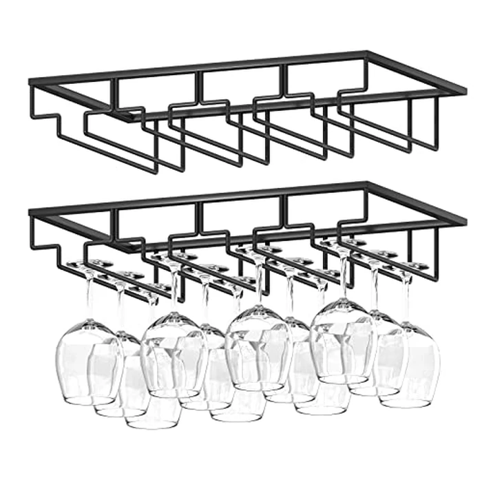 Wine Glass Rack - 4 Row Under Cabinet Stemware Wine Glass Holder - Glasses Storage Hanger for Bar Kitchen, Metal Organizer for Brandy, Margarita, Martini Glasses & More - 2 Pack, Black by Wtiujhg - Used - Acceptable condition