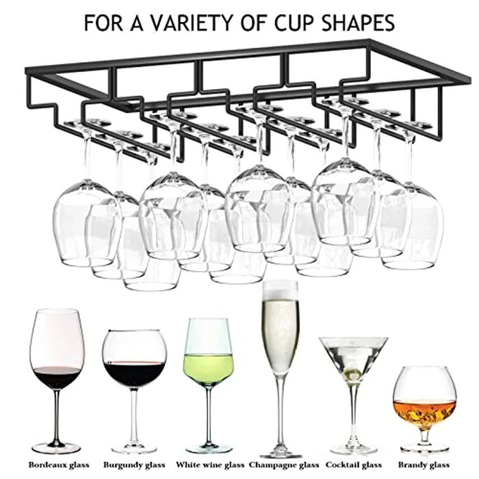 Wine Glass Rack - 4 Row Under Cabinet Stemware Wine Glass Holder - Glasses Storage Hanger for Bar Kitchen, Metal Organizer for Brandy, Margarita, Martini Glasses & More - 2 Pack, Black by Wtiujhg - Image 3