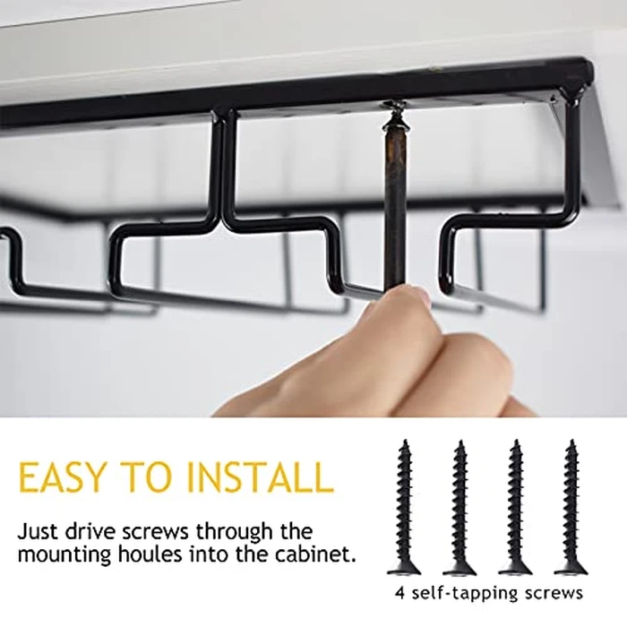 Wine Glass Rack - 4 Row Under Cabinet Stemware Wine Glass Holder - Glasses Storage Hanger for Bar Kitchen, Metal Organizer for Brandy, Margarita, Martini Glasses & More - 2 Pack, Black by Wtiujhg - Image 6