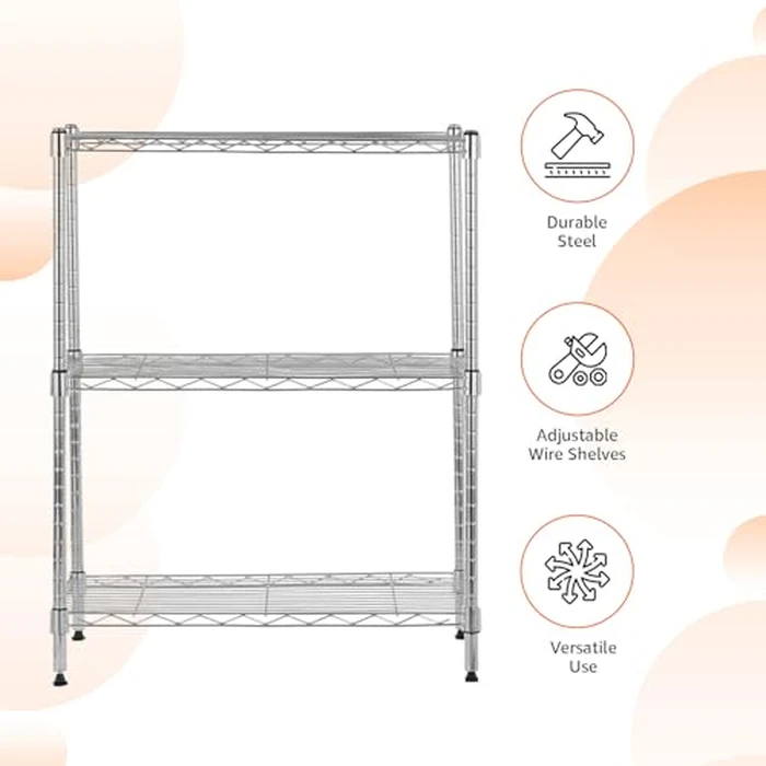 Amazon Basics 3-Shelf Adjustable Heavy Duty Steel Wire Shelving Rack with Chrome Finish, No-Tool Assembly, 250 lbs per Shelf, 23.2" L x 13.4" W x 30" H by Amazon Basics - Image 1