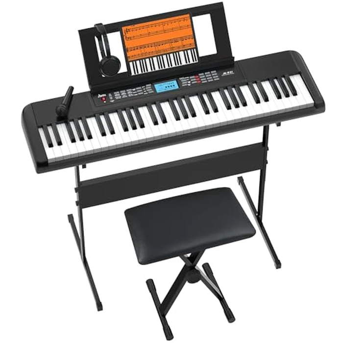 61 Key Keyboard Piano, Portable Electric Piano Keyboard w/LCD Screen, Built-In Speakers, Headphones, Stand, Stool, Music Rest, Microphone, 300 Timbres, 300 Rhythms by JIKADA - Used - Very Good condition - US$118.29