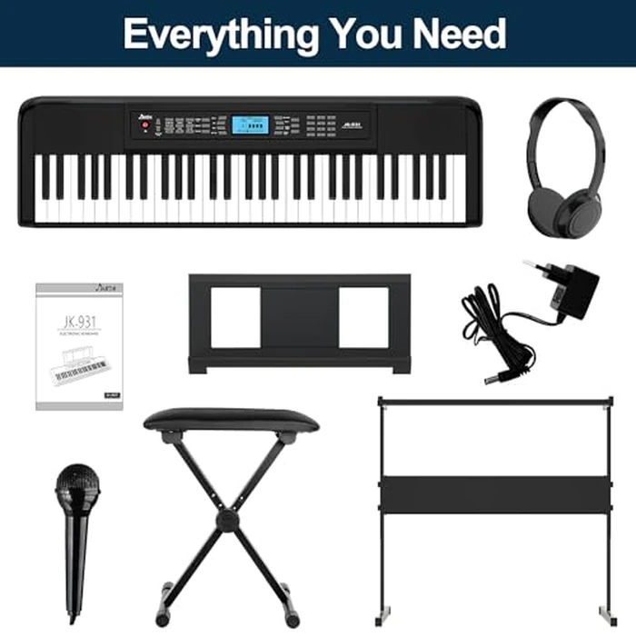 61 Key Keyboard Piano, Portable Electric Piano Keyboard w/LCD Screen, Built-In Speakers, Headphones, Stand, Stool, Music Rest, Microphone, 300 Timbres, 300 Rhythms by JIKADA - Image 6