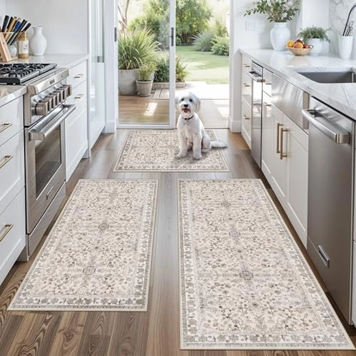 3-Piece Kitchen Rug Set of 3 with Runner - Non-Slip Washable Boho Kitchen Mats for Sink, Floor, Entryway & Hallway & Bathroom - Soft Small Throw Area Rugs, Home Decor (Beige,2x3+2x4+2x5) by BYYVOO - Image 1