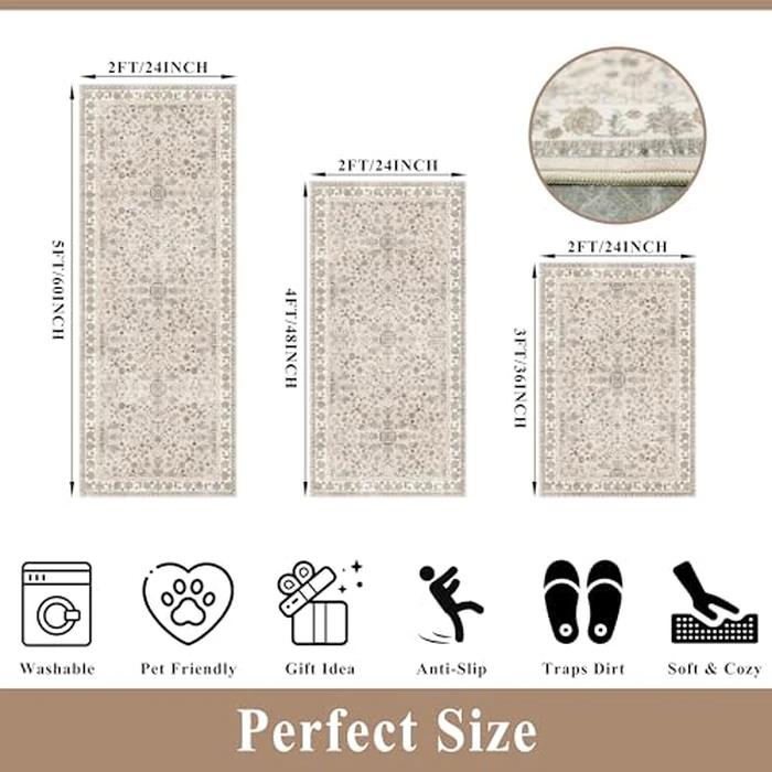 3-Piece Kitchen Rug Set of 3 with Runner - Non-Slip Washable Boho Kitchen Mats for Sink, Floor, Entryway & Hallway & Bathroom - Soft Small Throw Area Rugs, Home Decor (Beige,2x3+2x4+2x5) by BYYVOO - Image 2