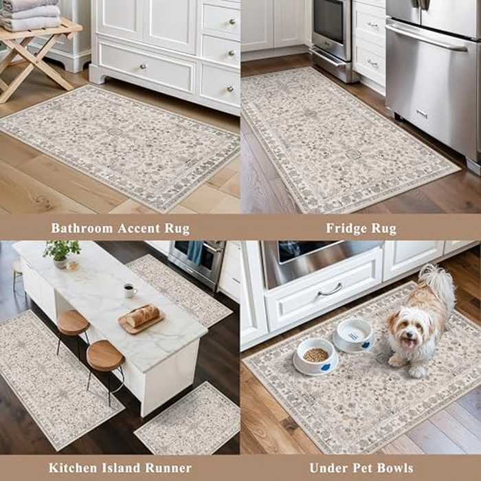 3-Piece Kitchen Rug Set of 3 with Runner - Non-Slip Washable Boho Kitchen Mats for Sink, Floor, Entryway & Hallway & Bathroom - Soft Small Throw Area Rugs, Home Decor (Beige,2x3+2x4+2x5) by BYYVOO - Image 4
