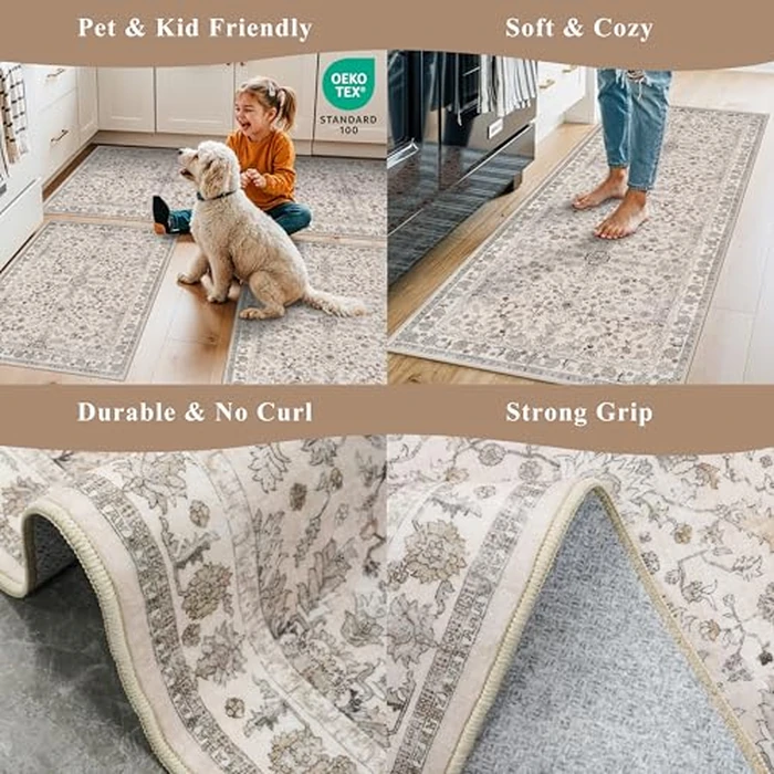3-Piece Kitchen Rug Set of 3 with Runner - Non-Slip Washable Boho Kitchen Mats for Sink, Floor, Entryway & Hallway & Bathroom - Soft Small Throw Area Rugs, Home Decor (Beige,2x3+2x4+2x5) by BYYVOO - Image 5