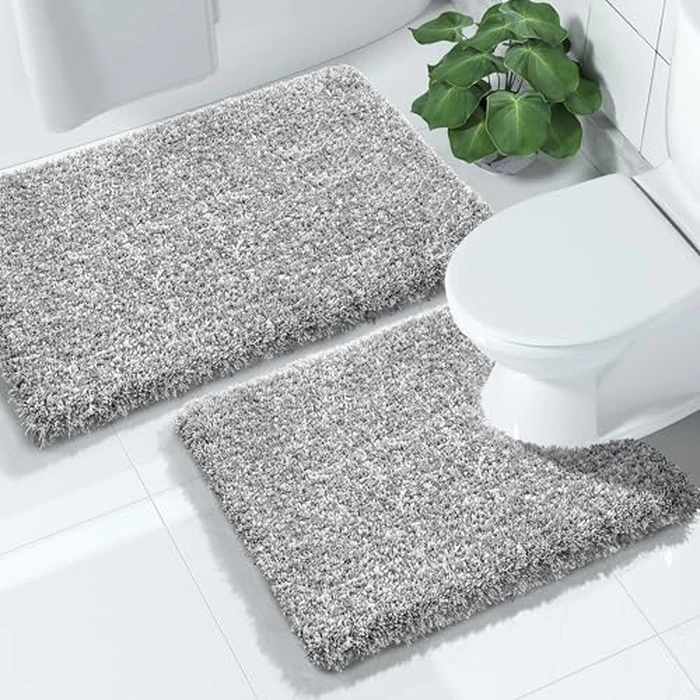 Yimobra Bathroom Rugs Sets 2 Piece, Soft Absorbent Bath Mat and U-Shaped Toilet Rug with Non Slip Backing, Machine Washable, Plush Shaggy Bath Mats for Bathroom, 32"x20"+24"x20", Light Gray and White by Yimobra - Used - Very Good condition - US$25.43