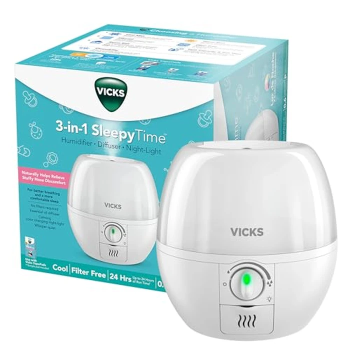 Vicks Humidifier 3-in-1 SleepyTime Cool Mist Humidifier for Baby & Kids Rooms with Color Changing Night Light and Essential Oil Diffuser, White by Vicks - Used - Like New condition