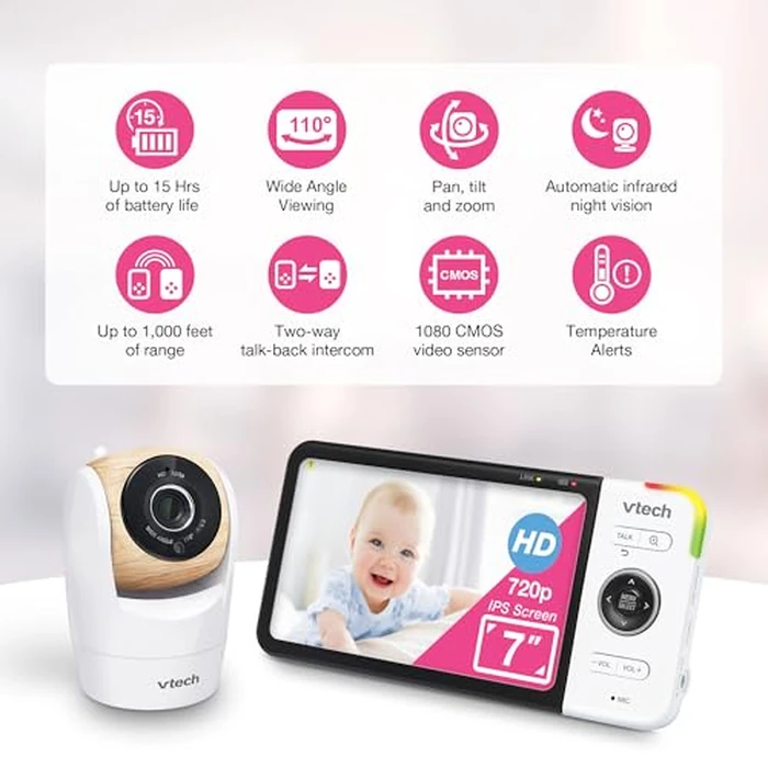 VTech VM919-2HD Baby Monitor, 7" 720p Screen, 2 Cameras, 360 Panoramic Viewing, 110 Wide-Angle View, Night Vision, Up to 1000ft Range, Secured Transmission No WiFi by VTech - Image 5