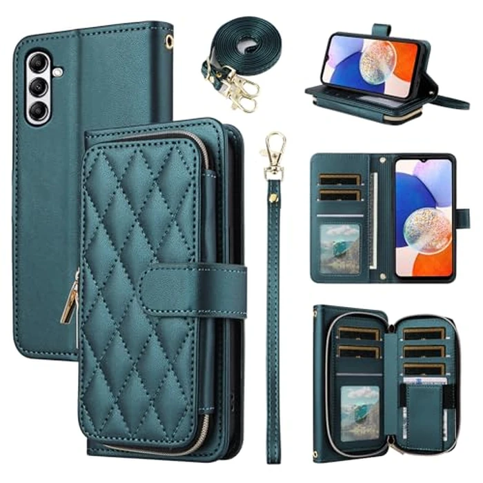 ELISORLI Argyle Wallet Case for Samsung Galaxy S24 Plus/S25 Plus S24+ S25+ 5G with Wrist Strap Shoulder Strap Card Slots Zipper Purse Phone Cover for S24Plus 24S + S 24 24+ S25Plus 25S 25+ Green by ELISORLI - Image 1
