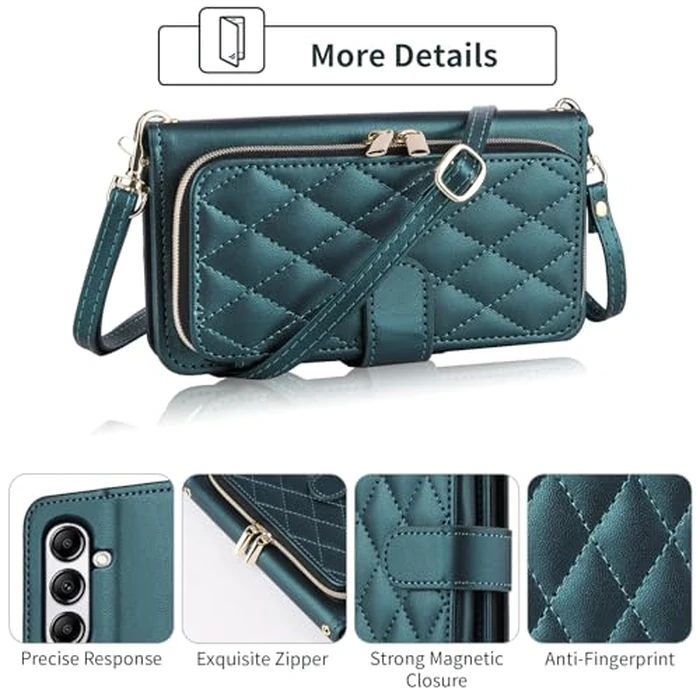 ELISORLI Argyle Wallet Case for Samsung Galaxy S24 Plus/S25 Plus S24+ S25+ 5G with Wrist Strap Shoulder Strap Card Slots Zipper Purse Phone Cover for S24Plus 24S + S 24 24+ S25Plus 25S 25+ Green by ELISORLI - Image 4