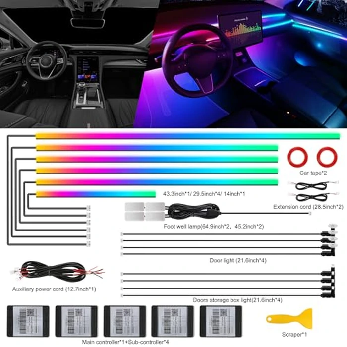 Dreamcolor Acrylic Interior Car LED Strip Light with Wireless APP, RGB 18 in 1 with 175 inches 593 LEDs Fiber Optic Strip Lights for Car, Dynamic Chasing Music Sync Neon Car Ambient Lighting Kits by MAODANER - Image 2